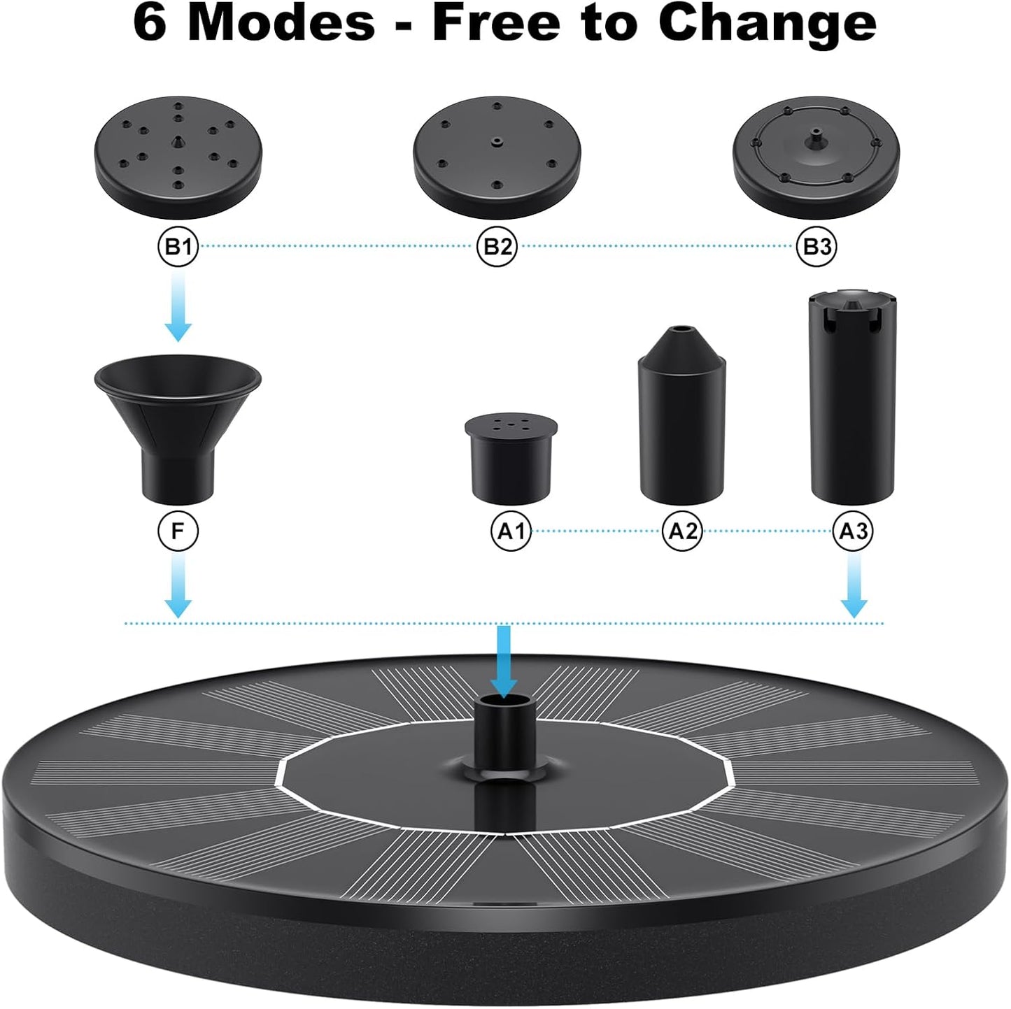 Solar Water Fountains,Solar Powered Bird Bath Fountain with 6 Nozzles - Free Standing Floating Solar Fountains for Bird Bath, Garden, Pond, Pool