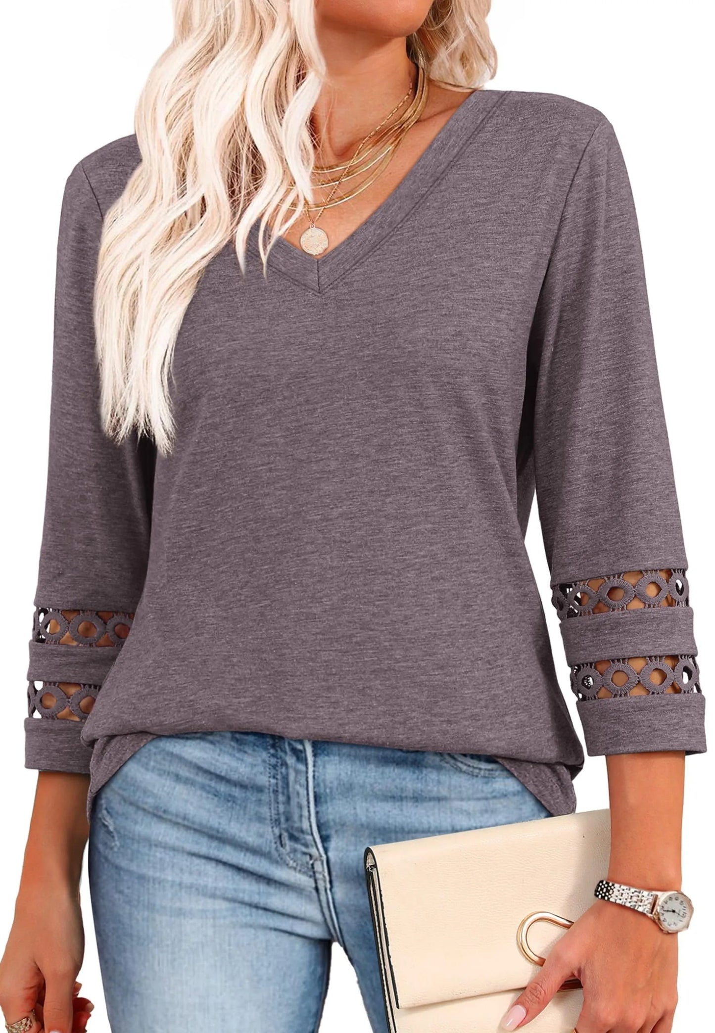 2026 New Womens 3/4 Length Sleeve Tops Trendy V Neck T Shirts