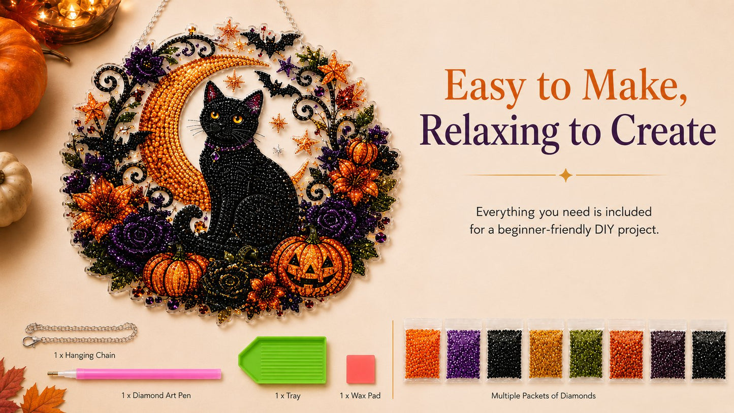 Black Cat Moon Diamond Art Hanging Ornament Kit โ Relaxing DIY Halloween Craft ๐๐ (๐ฆBuy 2 Free Shipping)