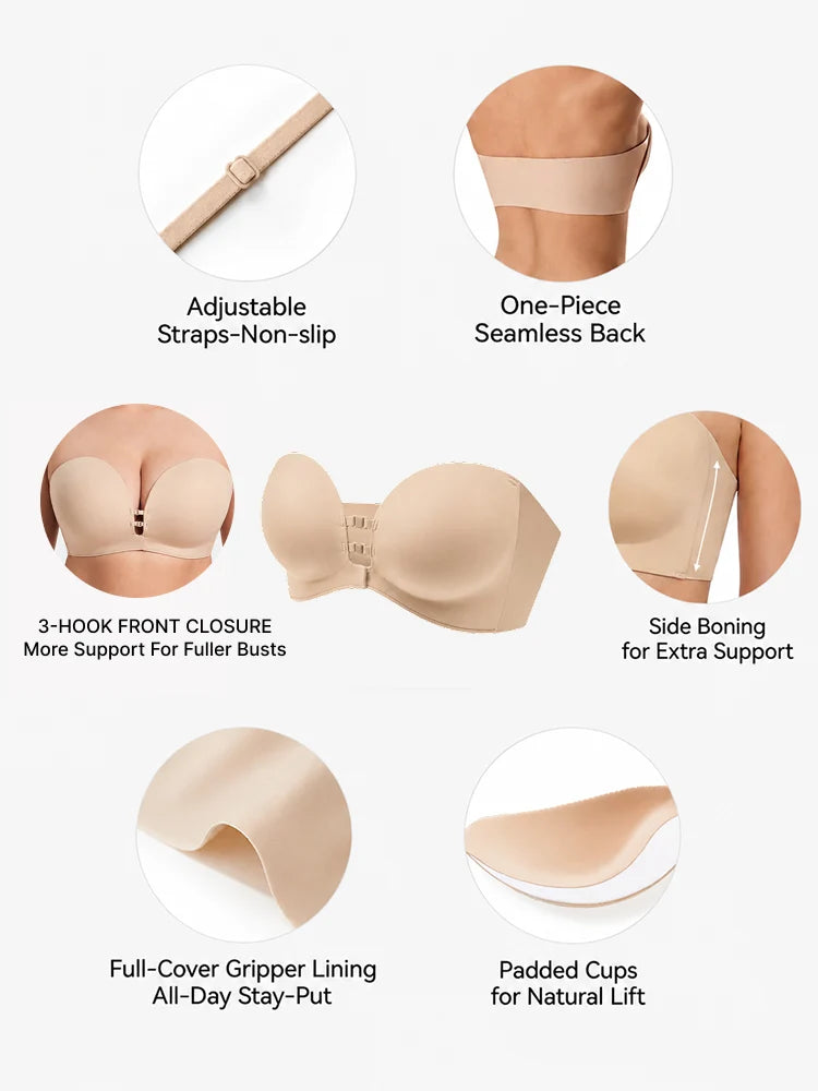 Plus-Size Women's Strapless Double Front Clasp Push-Up Bra (Fits D/DD/F Cups)