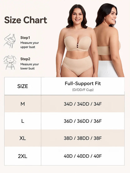 Plus-Size Women's Strapless Double Front Clasp Push-Up Bra (Fits D/DD/F Cups)