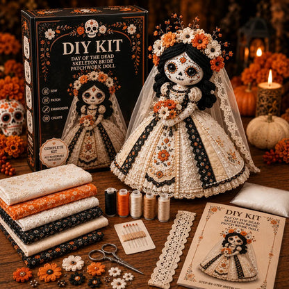 🔥 LAST DAY 50% OFF – Day of the Dead Patchwork Doll DIY Kit | Handmade Fabric Craft with Floral Details