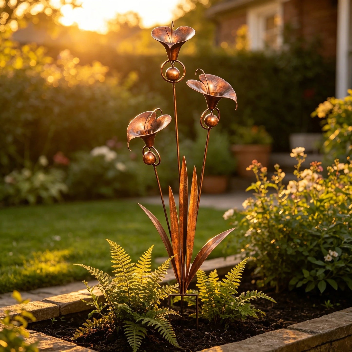 Copper Calla Lily Garden Stake with Bells – Elegant Outdoor Chime Decor 🌿