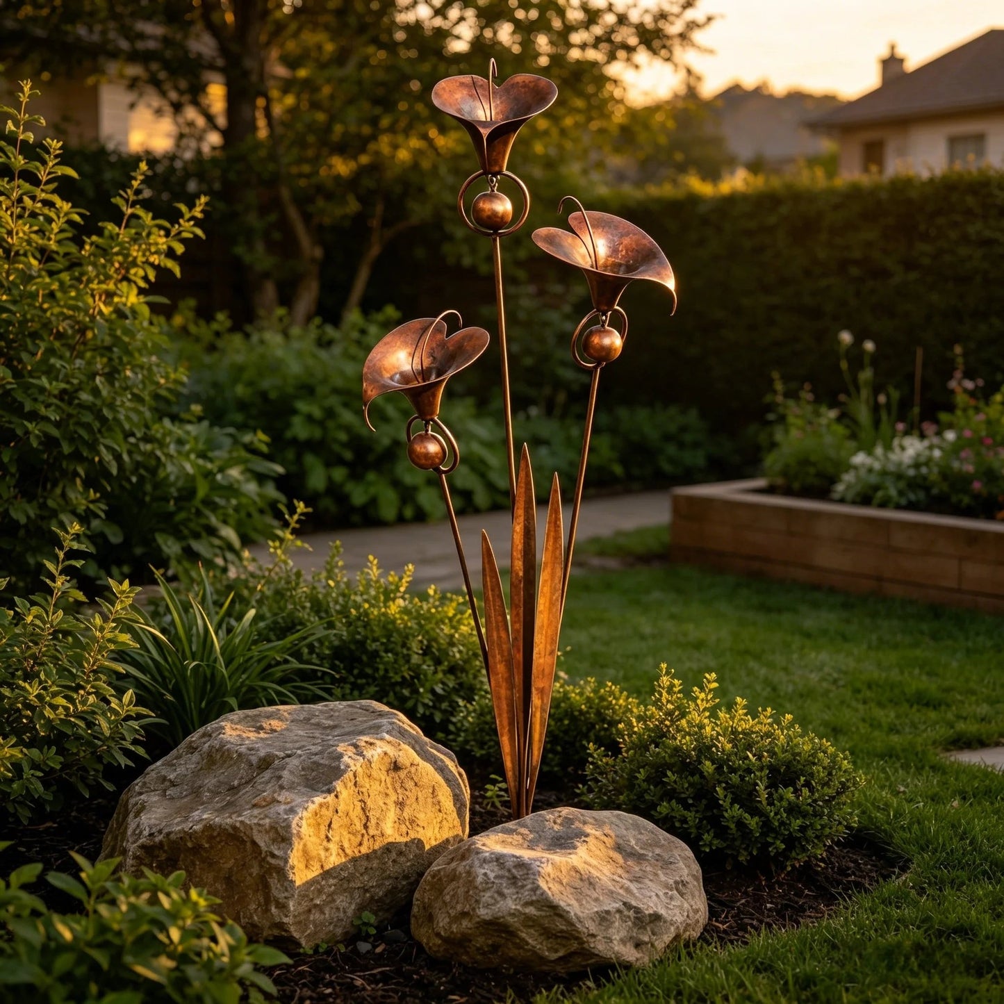 Copper Calla Lily Garden Stake with Bells – Elegant Outdoor Chime Decor 🌿