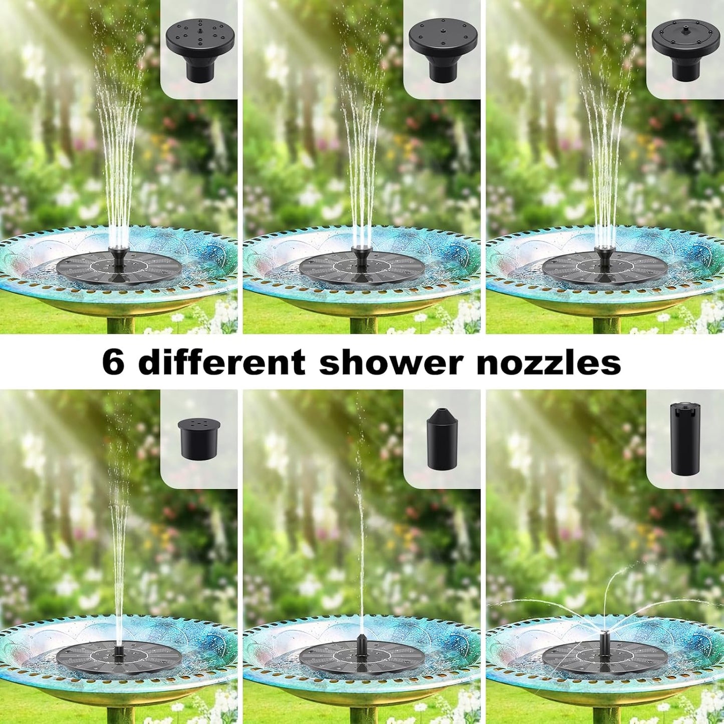 Solar Water Fountains,Solar Powered Bird Bath Fountain with 6 Nozzles - Free Standing Floating Solar Fountains for Bird Bath, Garden, Pond, Pool