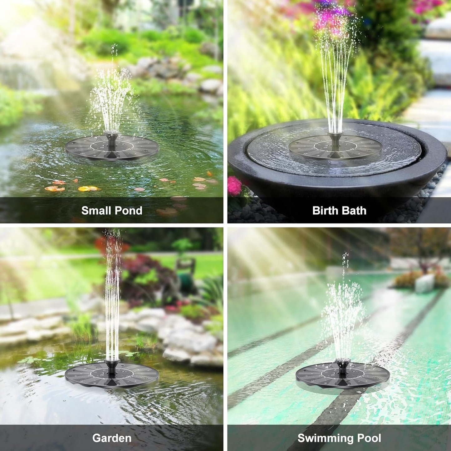 Solar Water Fountains,Solar Powered Bird Bath Fountain with 6 Nozzles - Free Standing Floating Solar Fountains for Bird Bath, Garden, Pond, Pool
