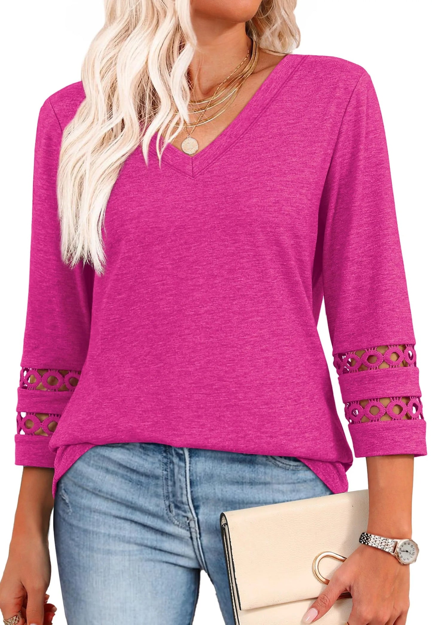 2026 New Womens 3/4 Length Sleeve Tops Trendy V Neck T Shirts