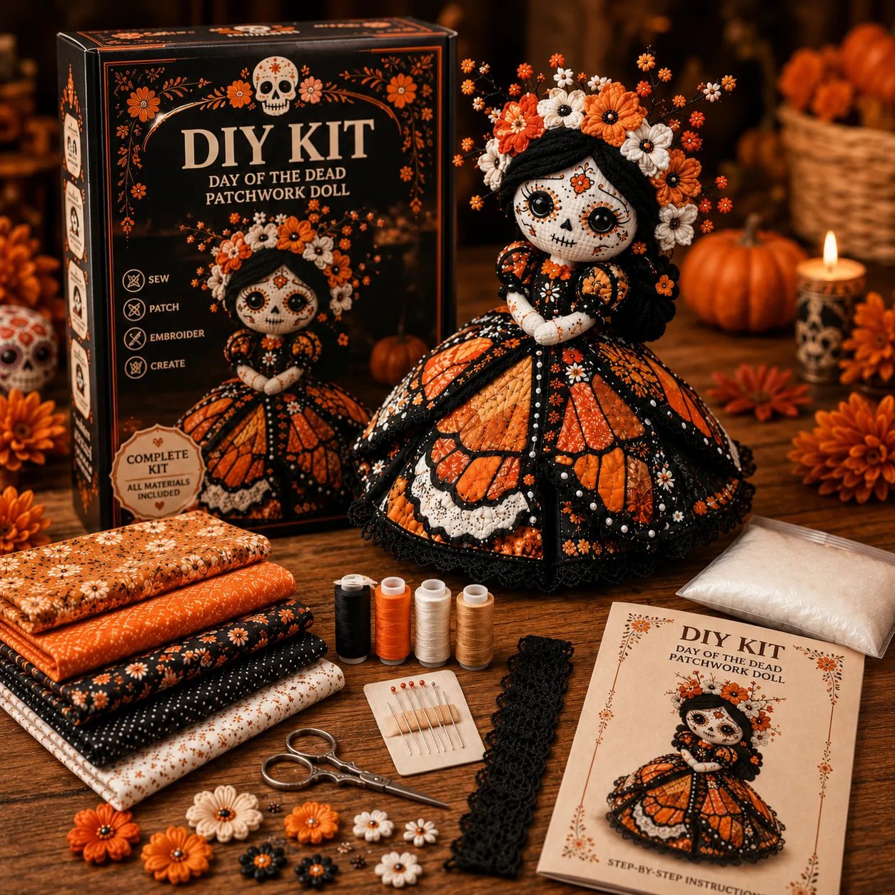 🔥 LAST DAY 50% OFF – Day of the Dead Patchwork Doll DIY Kit | Handmade Fabric Craft with Floral Details