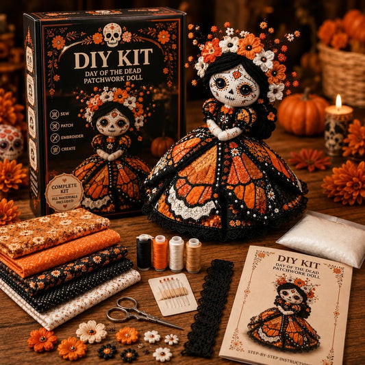 🔥 LAST DAY 50% OFF – Day of the Dead Patchwork Doll DIY Kit | Handmade Fabric Craft with Floral Details