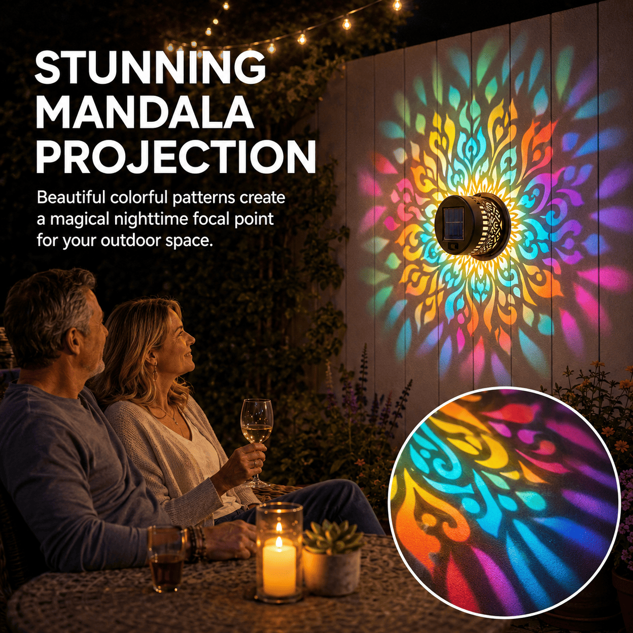 🌓Last Day 49% OFFSolar Mandala Wall Light Outdoor Garden Fence Projector Lamp Patio Ambient Decor