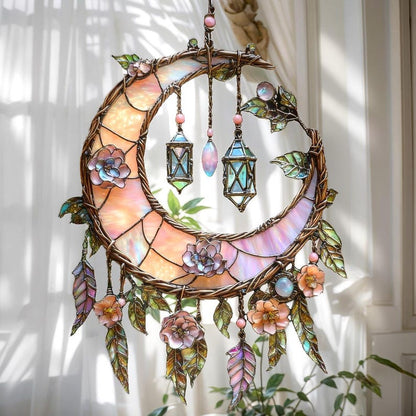 🌙Hand-Painted Moon and Floral Window Decor💖
