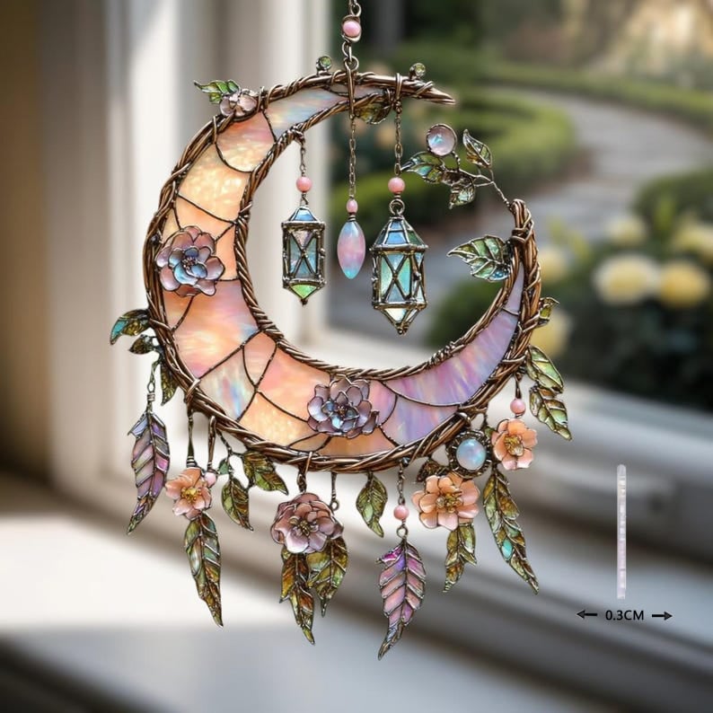 🌙Hand-Painted Moon and Floral Window Decor💖
