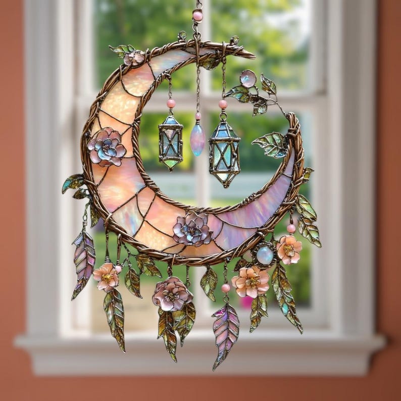 🌙Hand-Painted Moon and Floral Window Decor💖