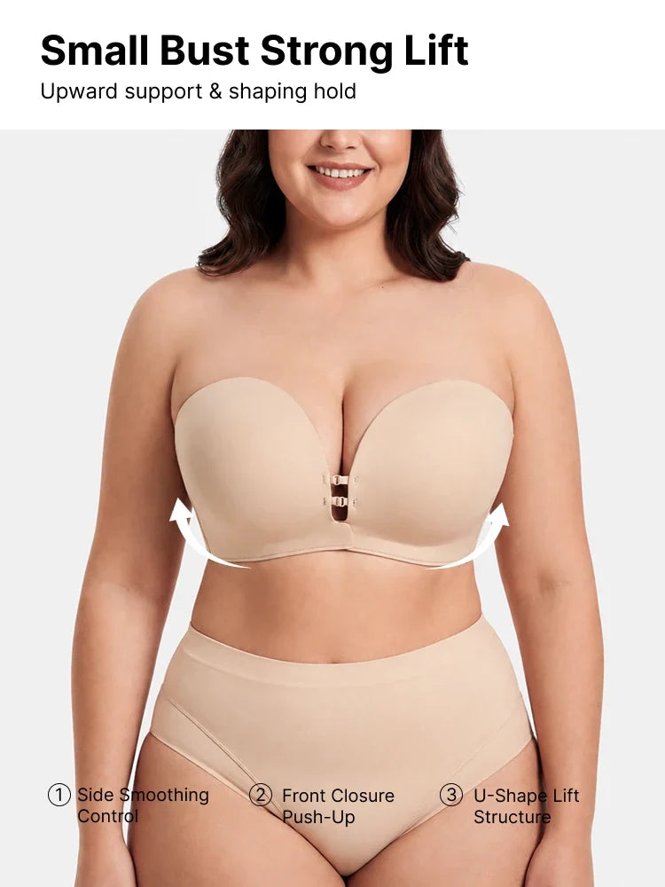 Plus-Size Women's Strapless Double Front Clasp Push-Up Bra (Fits D/DD/F Cups)