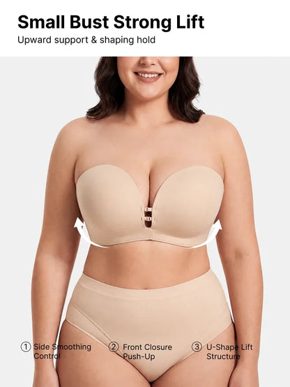 Plus-Size Women's Strapless Double Front Clasp Push-Up Bra (Fits D/DD/F Cups)