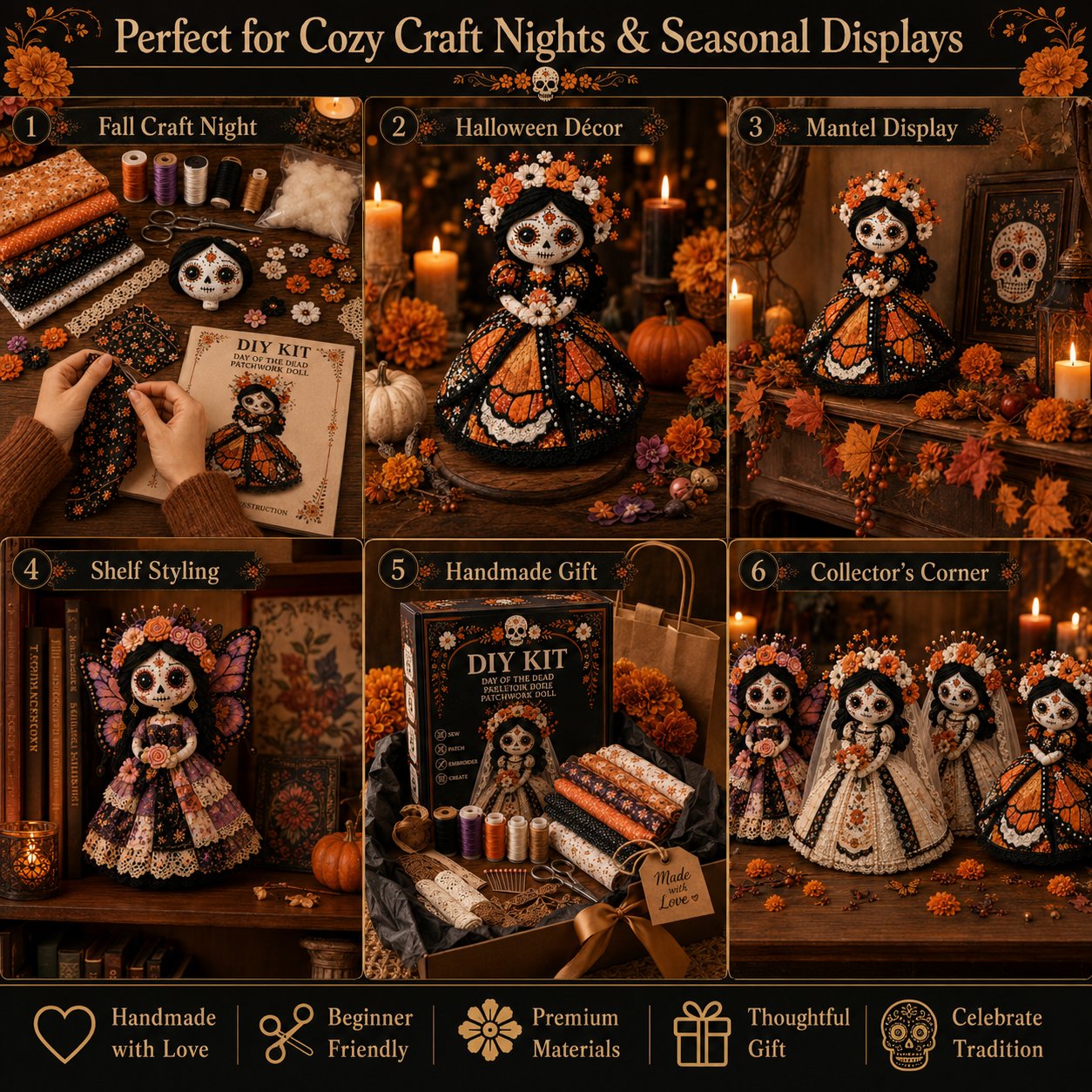 🔥 LAST DAY 50% OFF – Day of the Dead Patchwork Doll DIY Kit | Handmade Fabric Craft with Floral Details