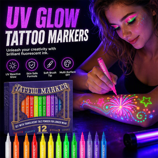 ✨🌈 12-Color UV Glow Party Tattoo Pens – Fluorescent Body Art Markers for Blacklight Parties & Festivals