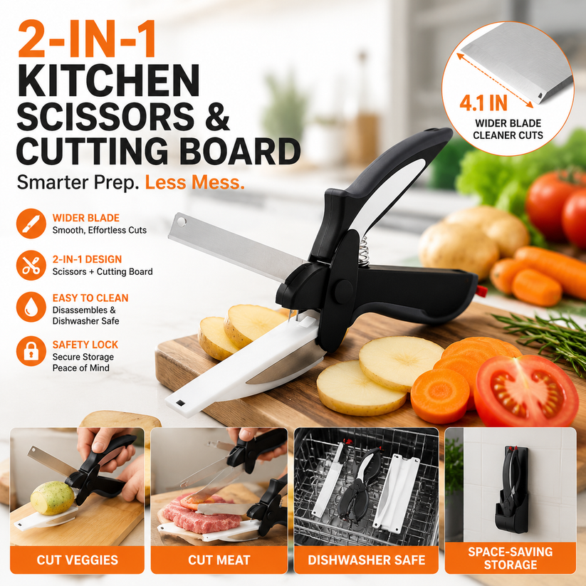 2-in-1 Kitchen Scissors with Cutting Board – Stainless Steel Food Cutter