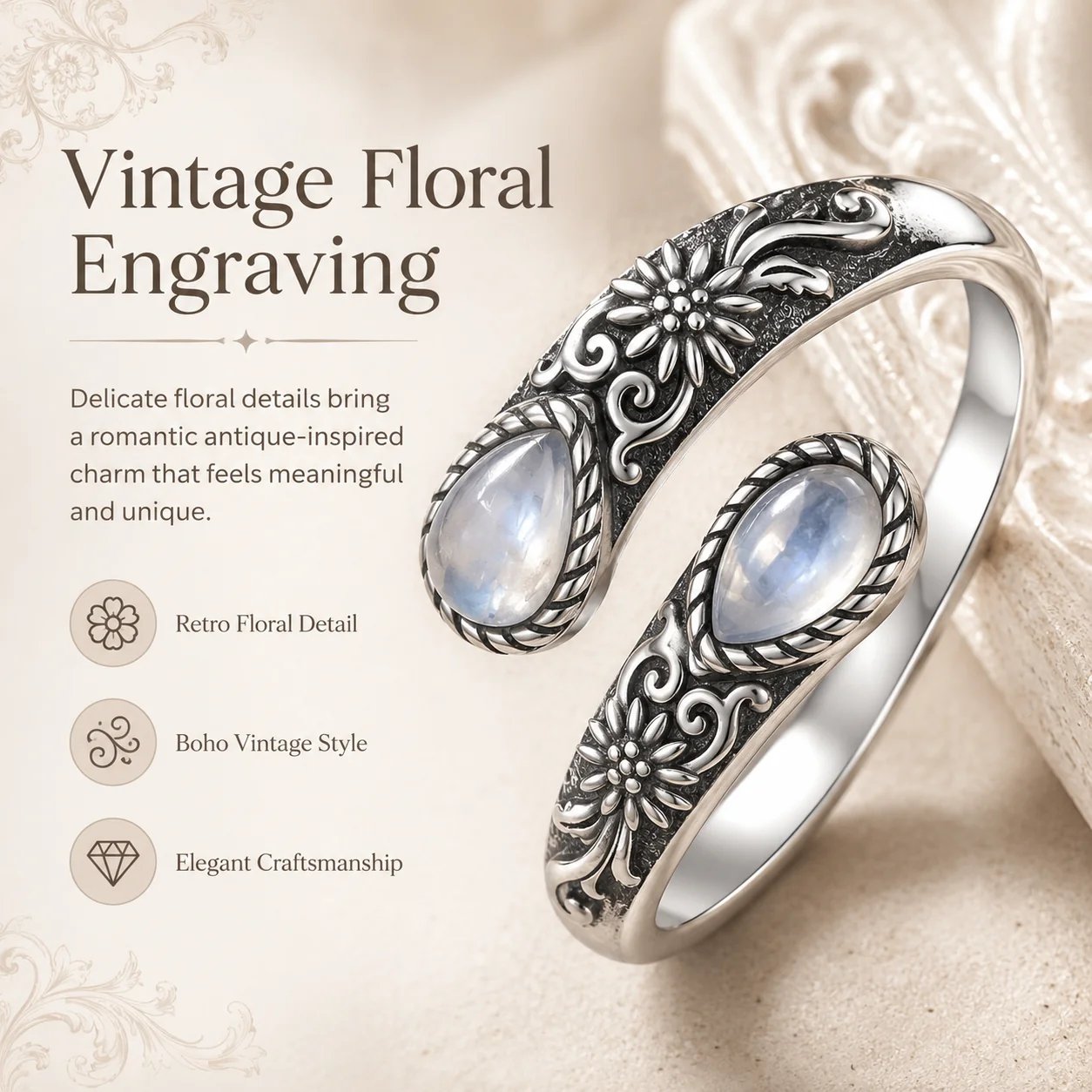 Vintage Moonstone Open Ring • Adjustable Open Band