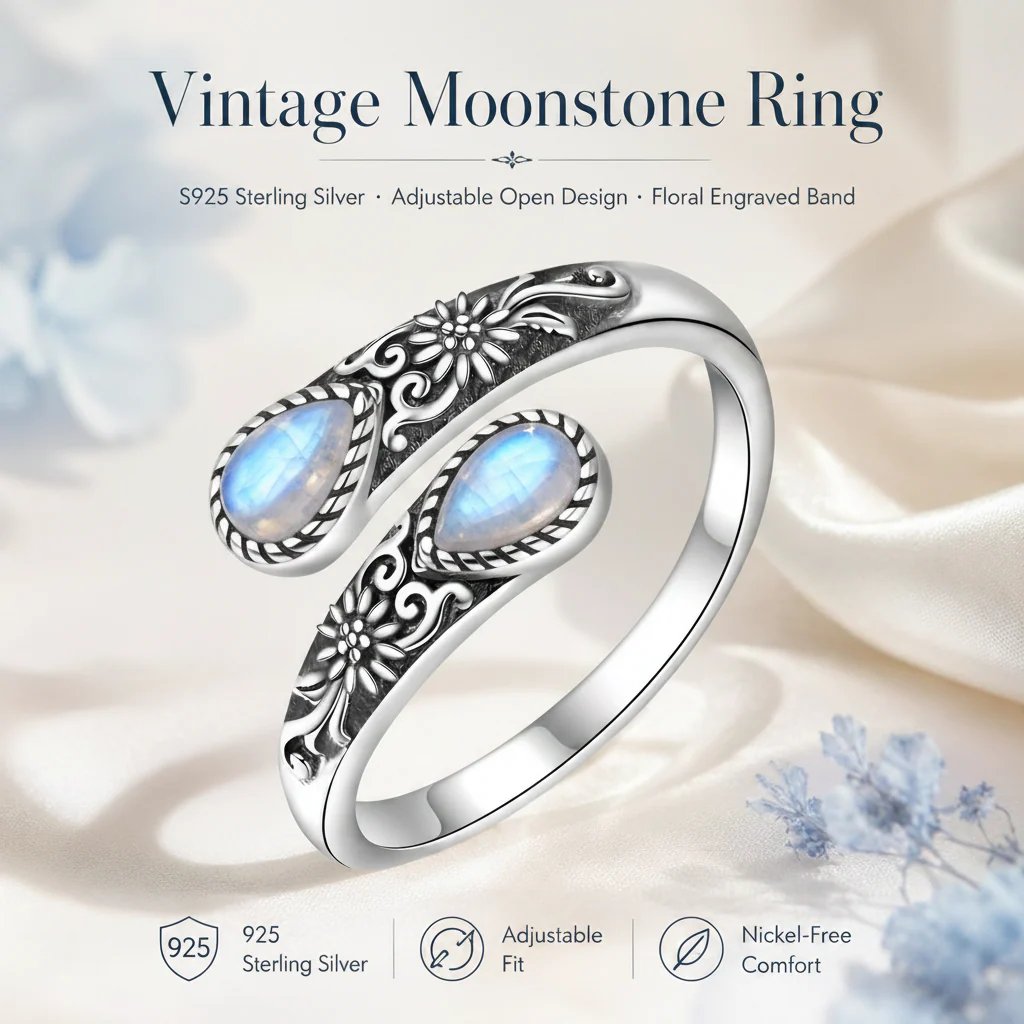 Vintage Moonstone Open Ring • Adjustable Open Band